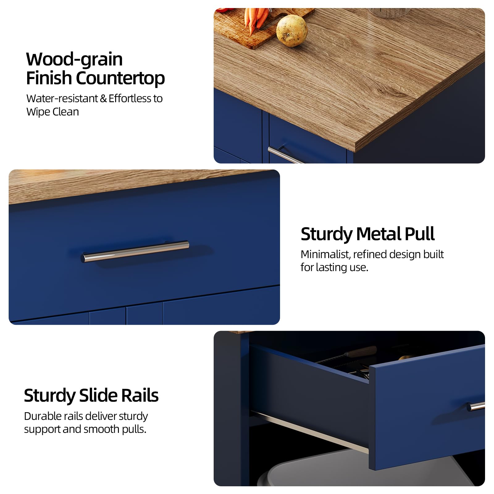 4 EVER WINNER 53" Rolling Kitchen Island with Trash can Storage, Kitchen Island Cart with 3-Tier Spice Rack, Island Table for Kitchen with Adjustable Shelves, Blue