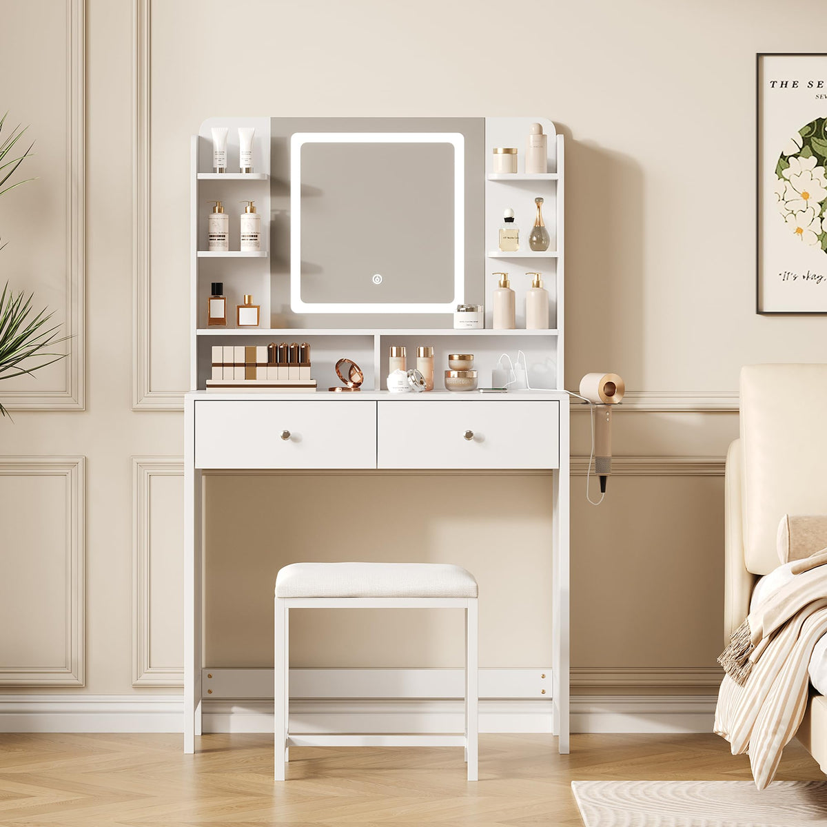 Makeup Vanity with LED Mirror and Stool