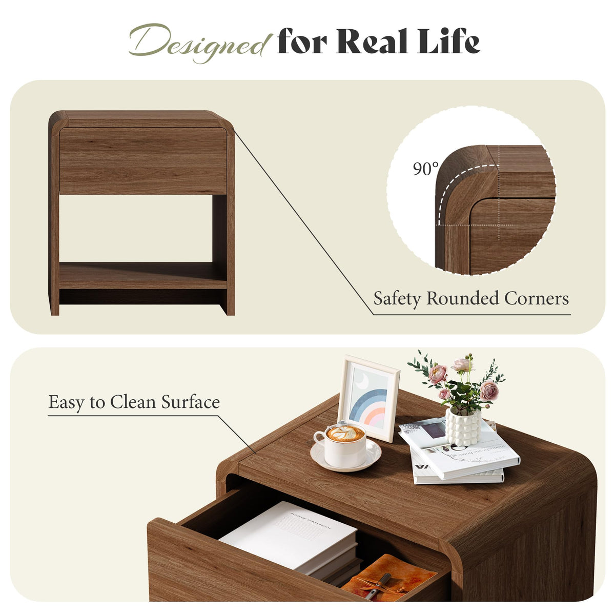 AMERLIFE Nightstands Set of 2 with Storage Drawer & Shelves, Walnut