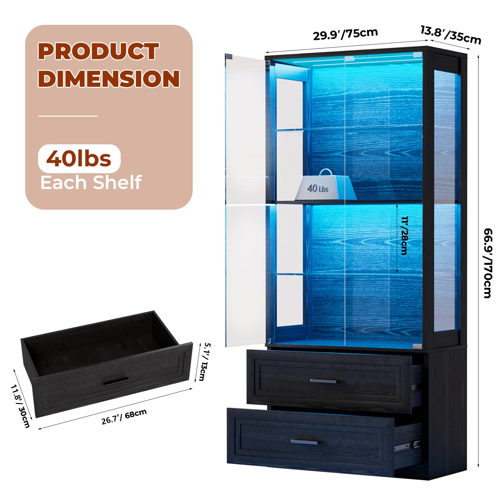 67" Glass Door Display Cabinet with LED Lights & Drawers