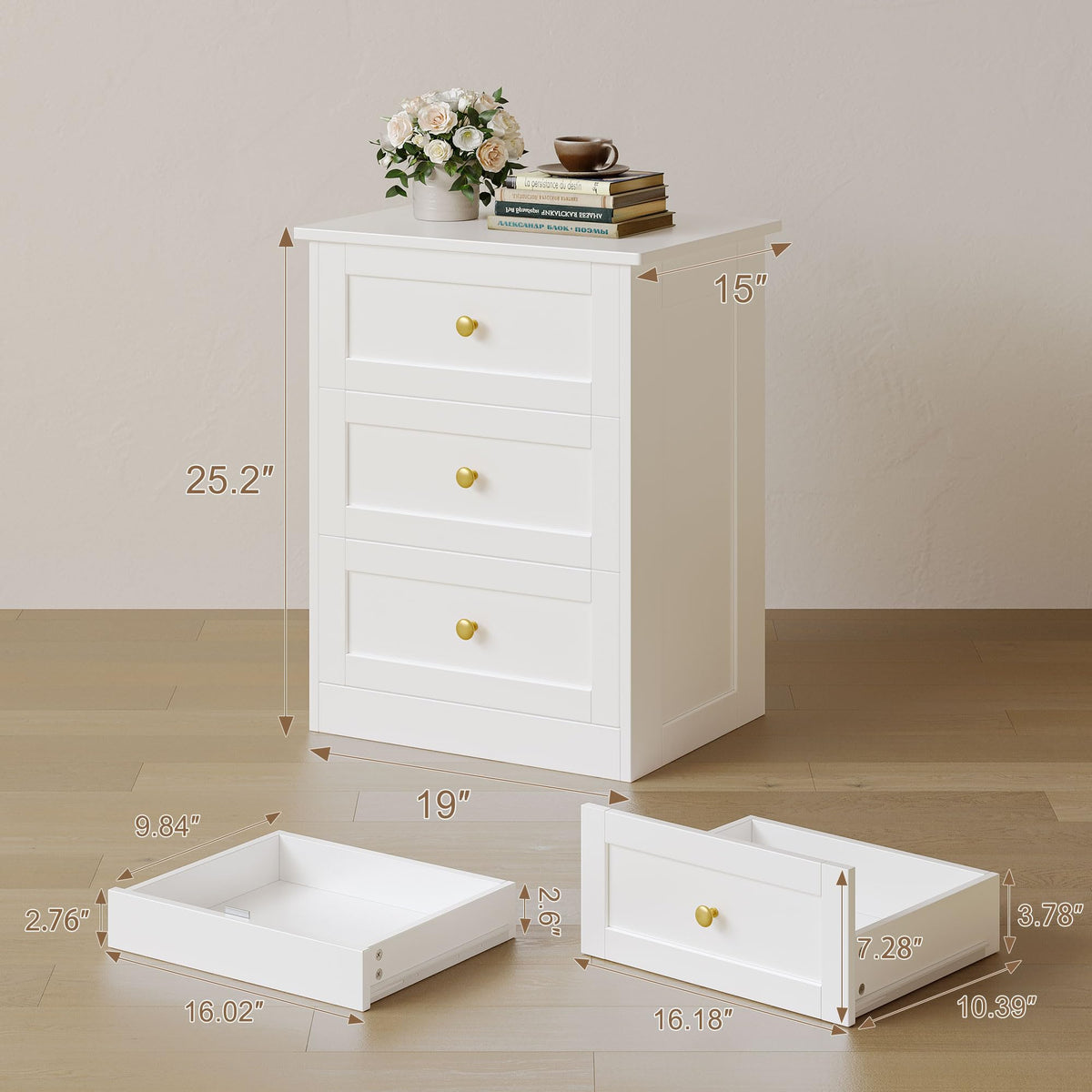 wanan Nightstands Set of 2 with Hidden Drawer, White and Gold