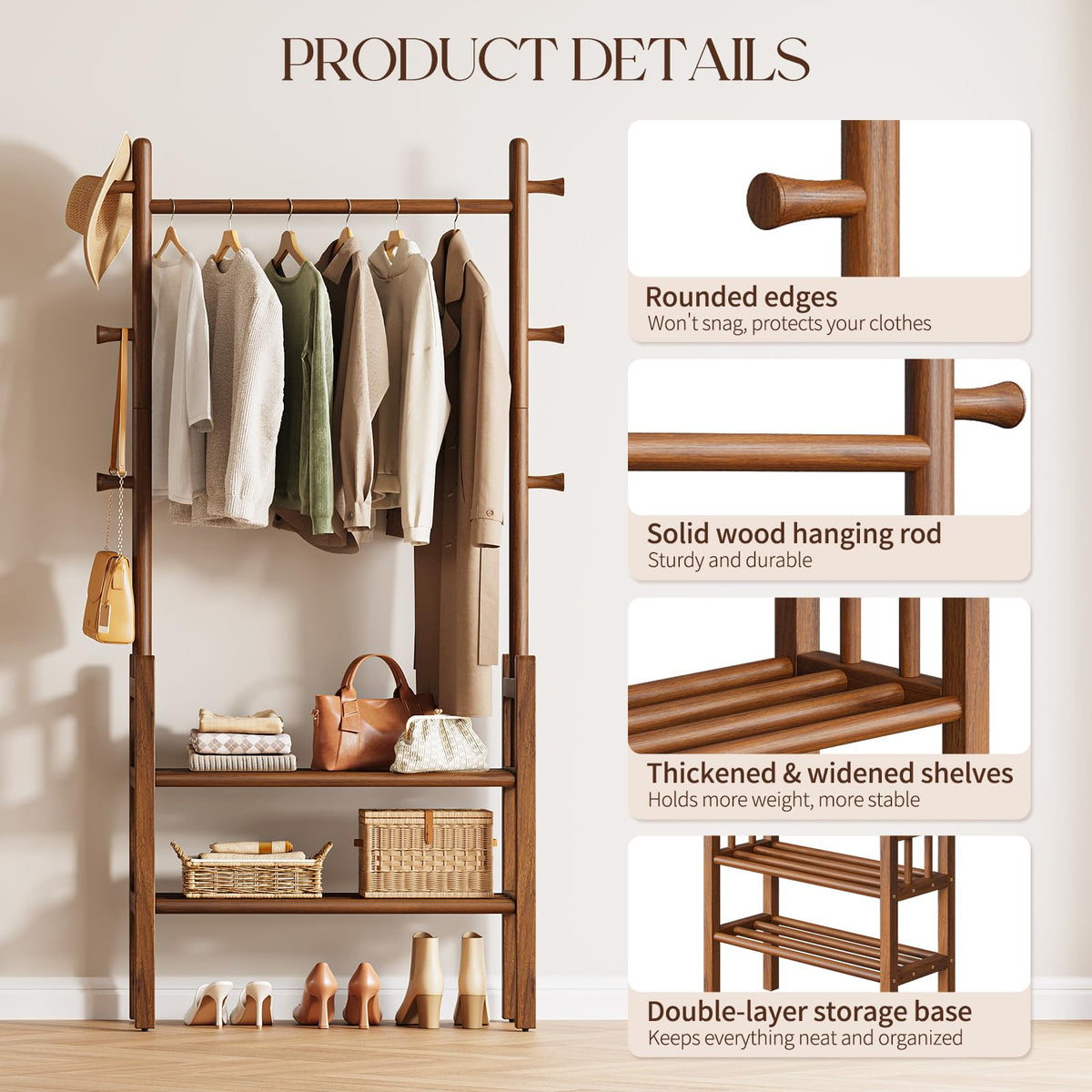 Solid Wood Clothing Rack with Shelves - Coat Rack Freestanding with 6 Hooks Load 450 Lbs, 3-in-1 Hall Tree for Hanging Clothes, Tall Garment Racks with Storage for Bedroom, Entryway, Living Room
