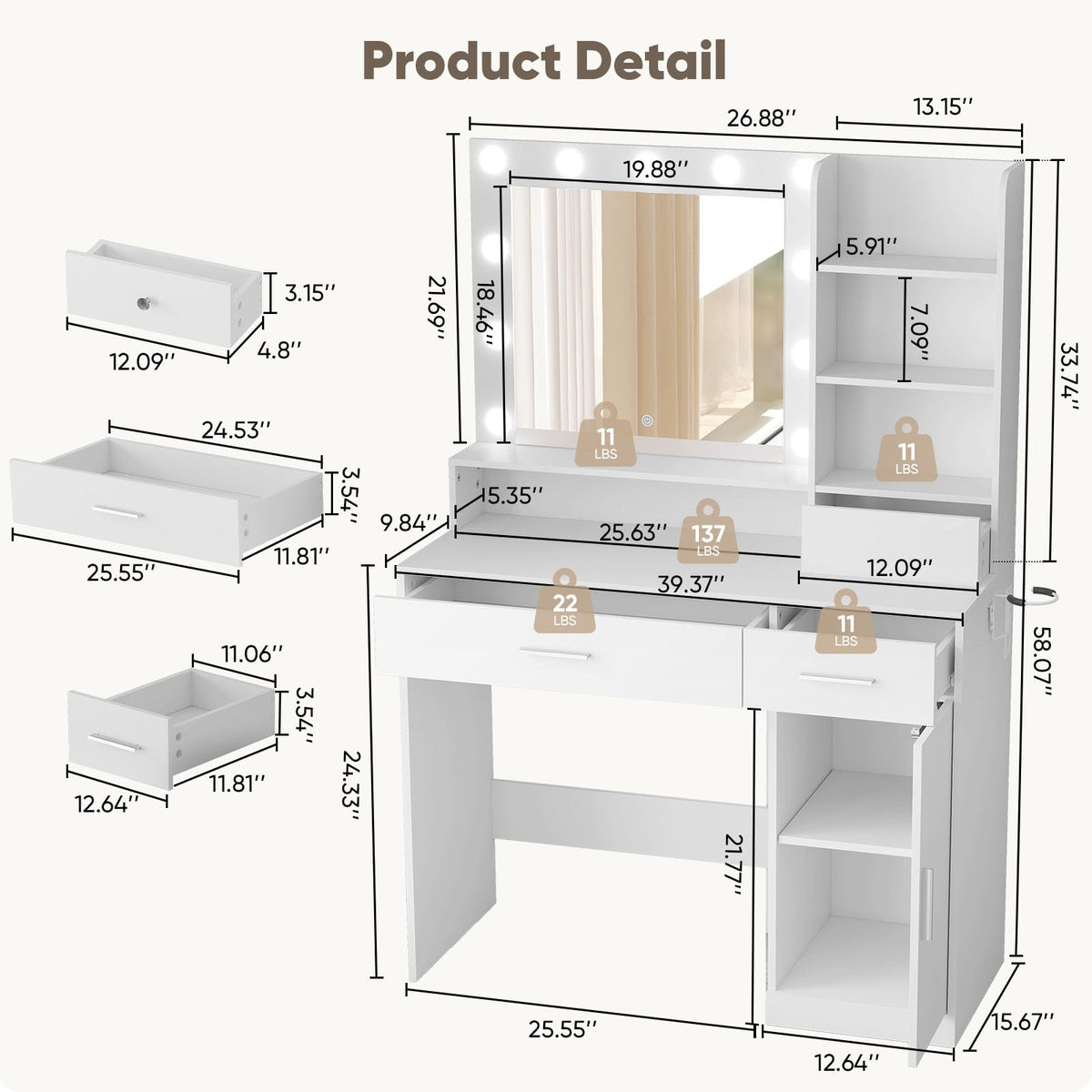 White LED Makeup Vanity Desk