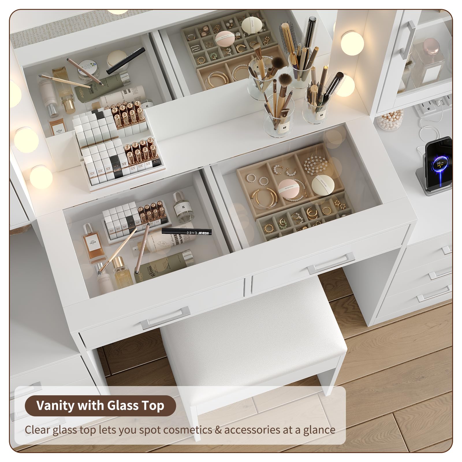 Yanosaku 59'' W Large Makeup Vanity Desk with Mirror and Lights, White Vanity with Power Outlet, 8 Drawers & 2 Cabinets, 3 Lighting Modes Brightness Adjustable, Glass Top Vanity with Chair for Bedroom