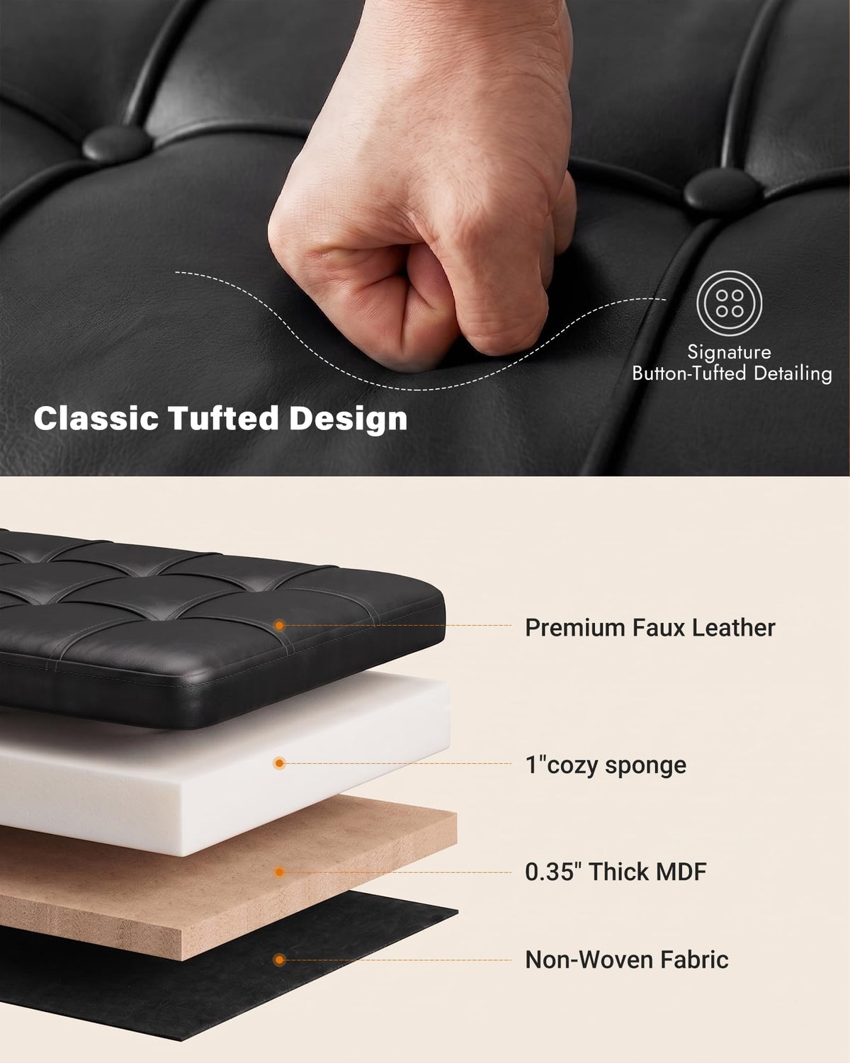 VATROS Storage Ottoman Bench, 43.7" PU Leather End of Bed Bench Black