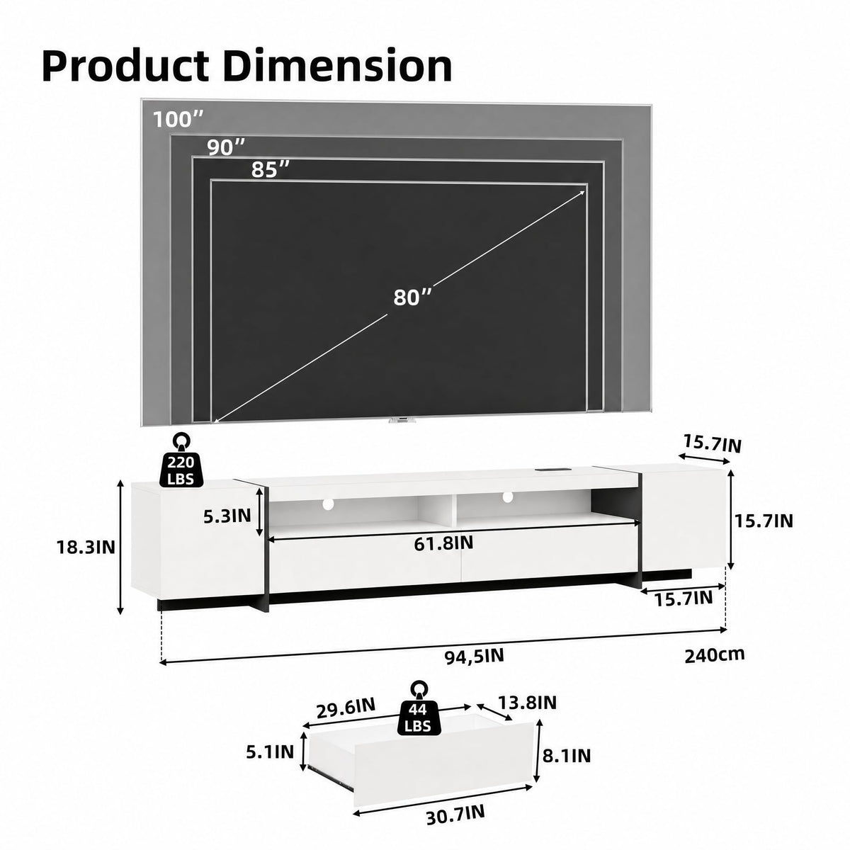 Nordee Axio Modern 94.5'' TV Stand for TVs up to 100in, Classic White