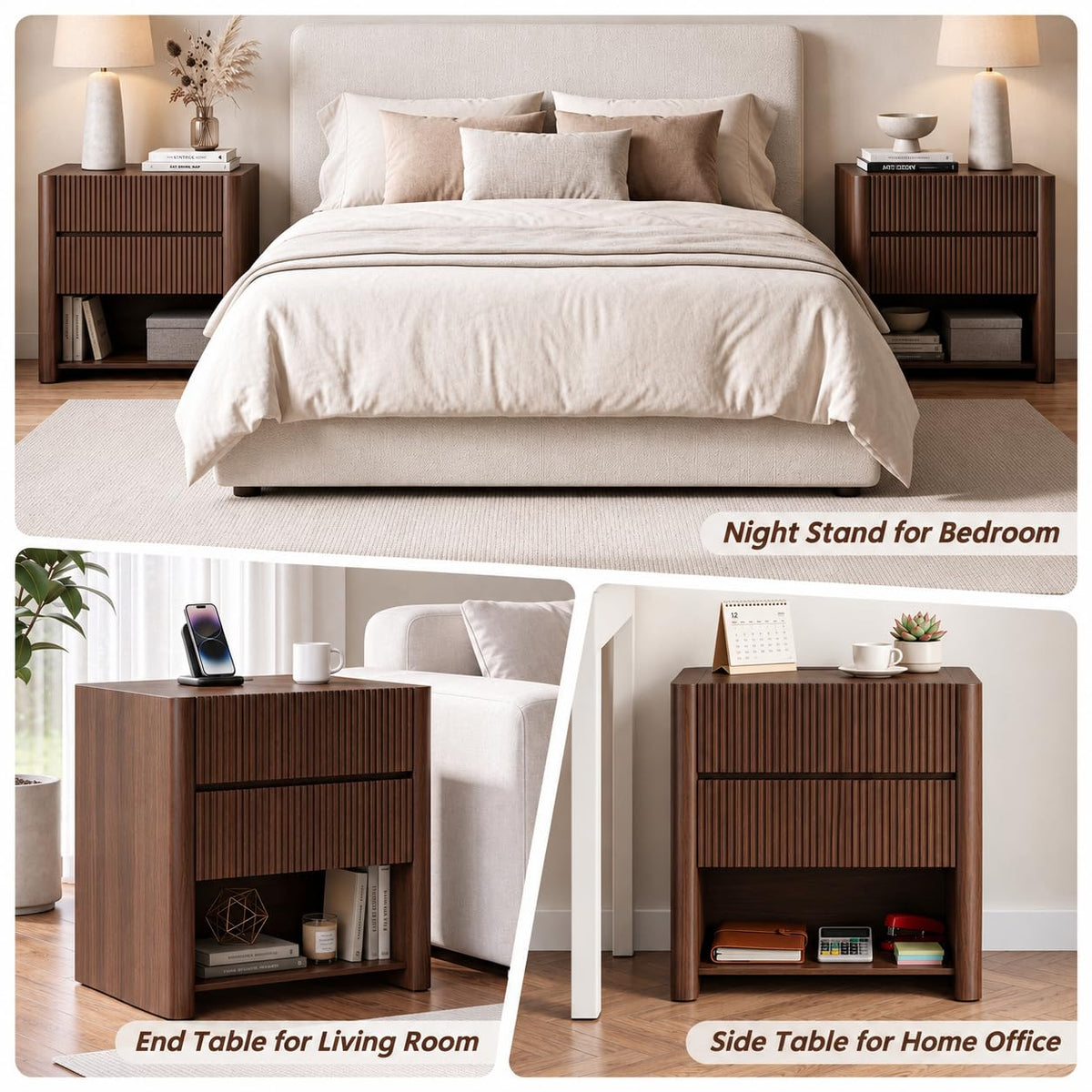 Apicizon 23.6'' Wide Fluted Nightstand with Charging Station, Walnut