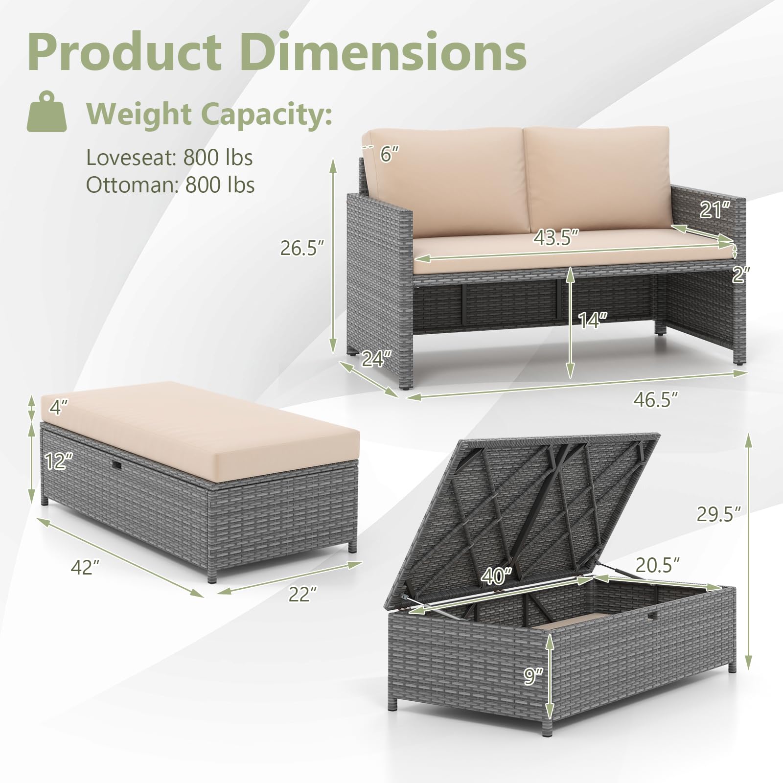Outdoor Rattan Loveseat & Storage Ottoman Set