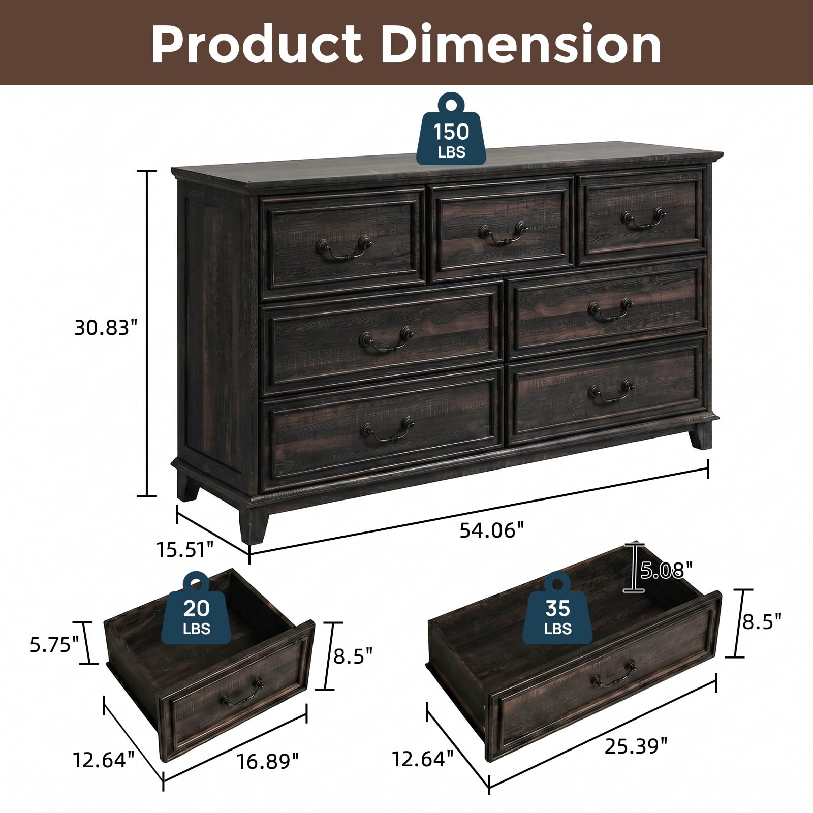 Farmhouse 7 Drawer Dresser in Black, Wide Chest with Rustic Wood Top, Large Storage Organizer for Bedroom, Living Room, Hallway, or Nursery, Sturdy Black Hardware, Modern Rustic Furniture Accent