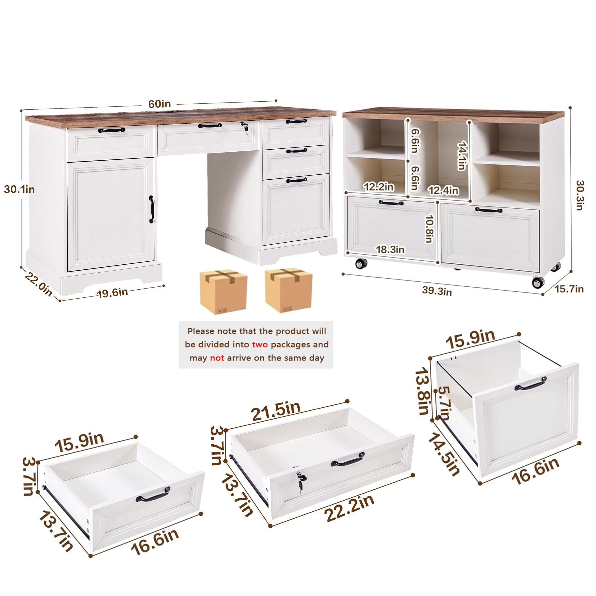 60" Farmhouse Executive Desk with Mobile File Cabinet