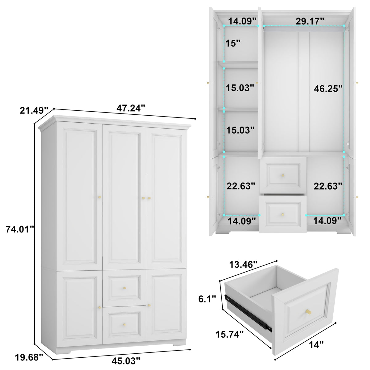 LABROSKIA White Armoire Wardrobe Closet with 2 Drawers: 75" H x 47" W