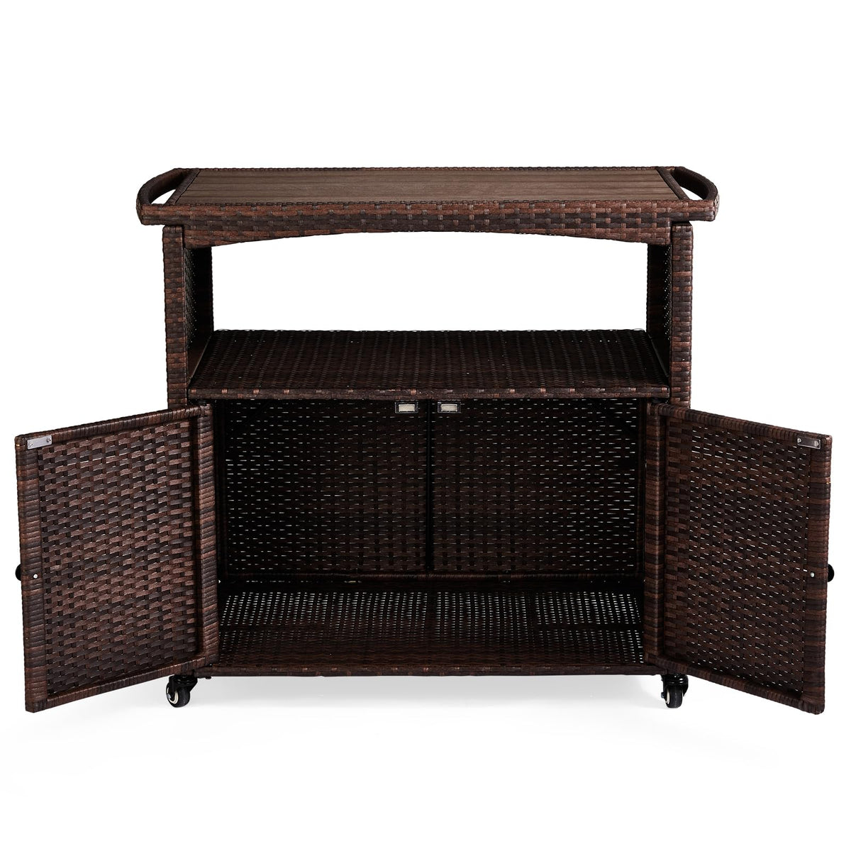VINGLI Wicker Outdoor Bar Cart with Storage & Rolling Wheels, Patio Bar Table w/Shelf, Outdoor Storage Cabinet Buffet Cabinet Grill Cart for BBQ Pool Patio Kitchen, Brown