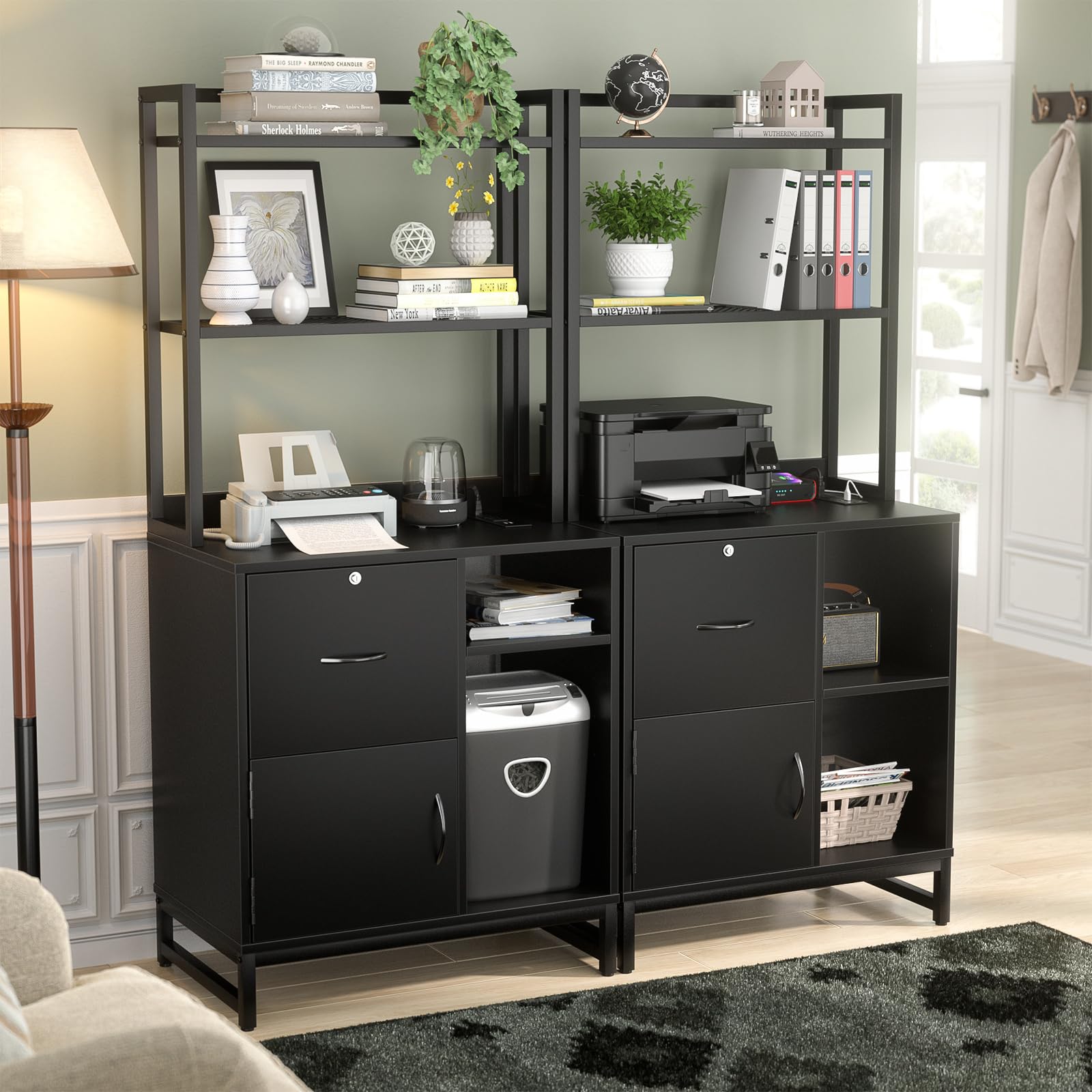 Homieasy Vertical Filing Cabinet with Bookshelf for Home Office, File Cabinet with Shelves, Lock & Charging Station, Drawer Office File Cabinets with Printer Stand, fits Letter Size, Black