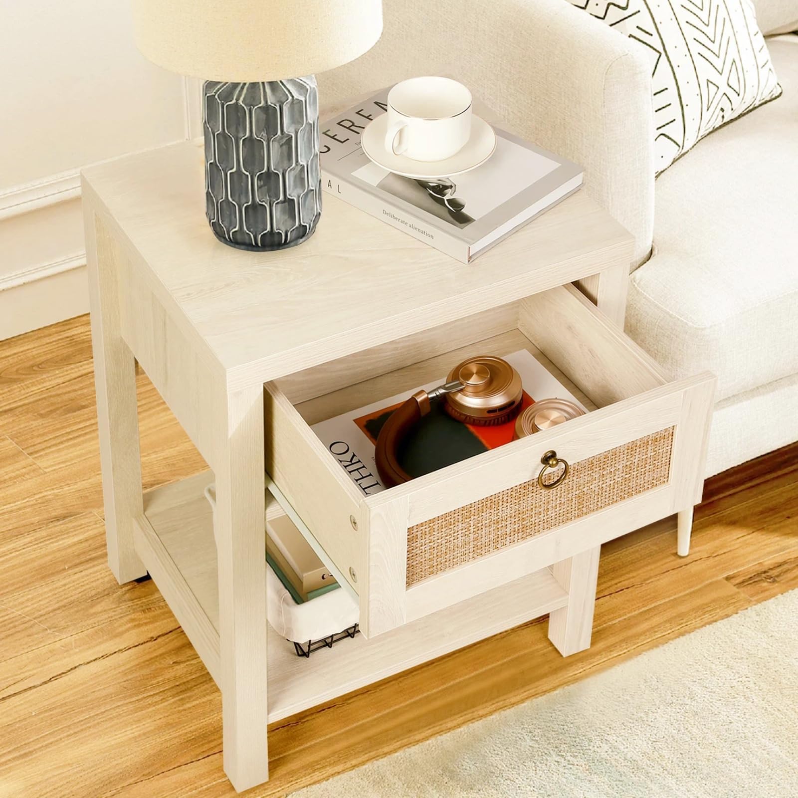 VOWNER Rattan Nightstands Set of 2 - Farmhouse Bedside Table Night Stand with Drawer and Storage Shelf, Boho End Side Table for Bedroom, Mesitas De Noche para Dormitorio, Light Oak