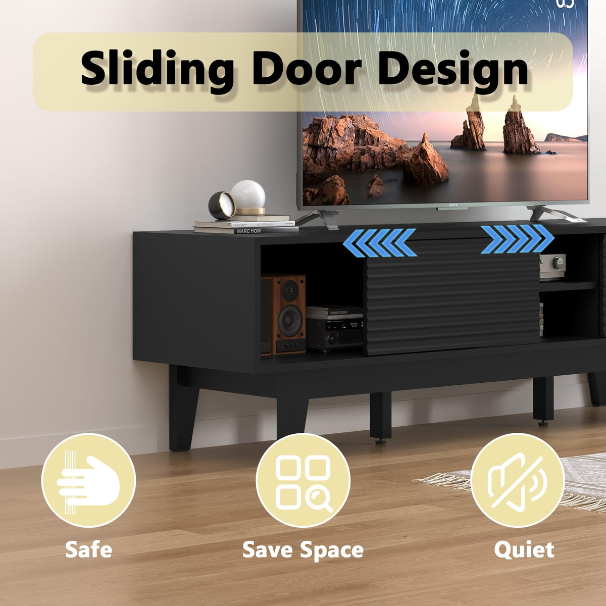 Fluted TV Stand with Sliding Doors
