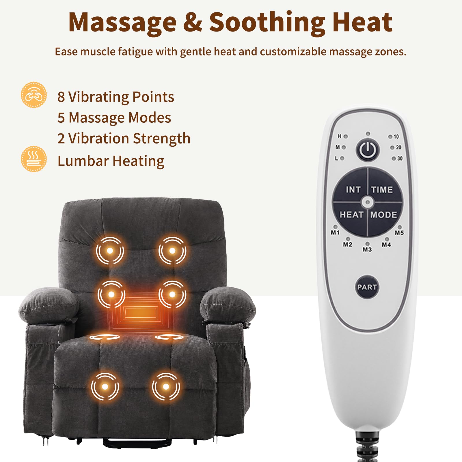 PoteSoar Power Lift Recliner Chair for Elderly with Massage and Heat, Comfortable Electric Power Reclining Chair with Side Pockets,2 Cup Holders and USB Charging Port for Living Room (Grey)