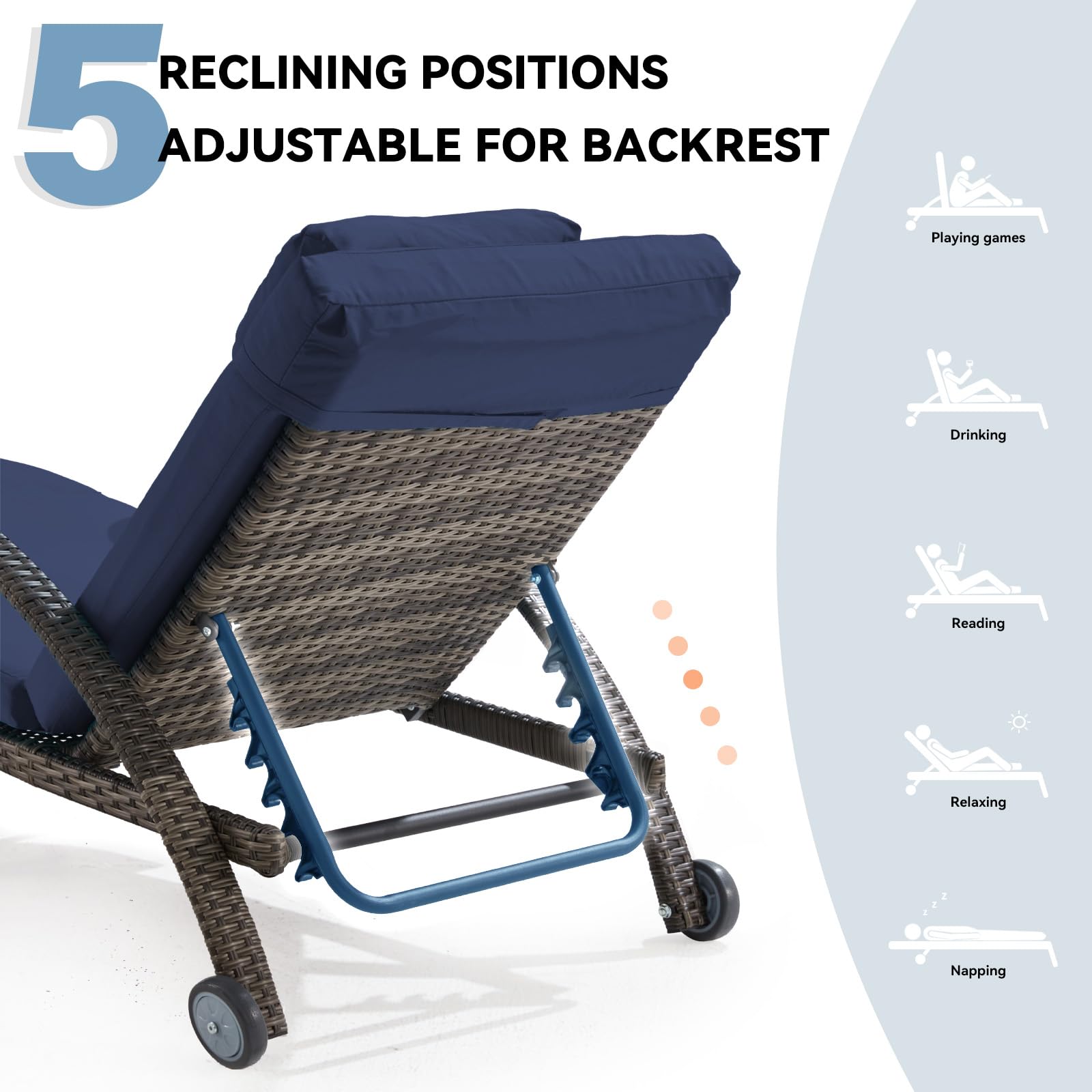 Outdoor Wicker Chaise Lounge Set of 2 with Adjustable Backrest & Wheels