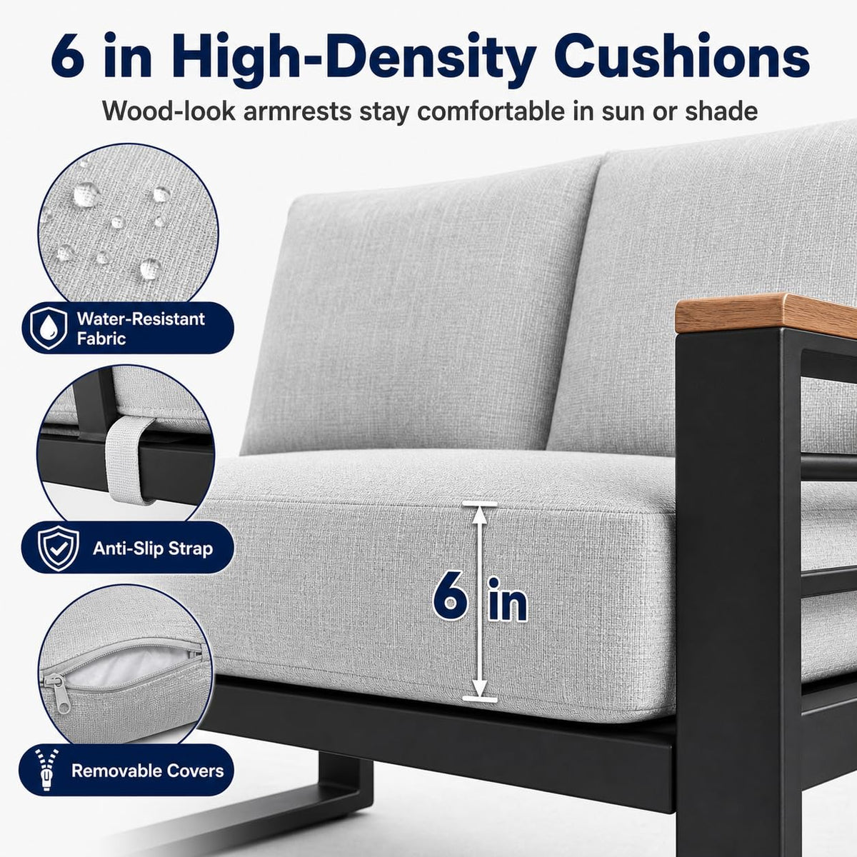 Relax Tree Aluminum Outdoor Patio Furniture, 5 Piece 7-Seat Conversation Set with 2 Chairs, Loveseat, 3-Seat Sofa and Coffee Table, Thick Cushions, Waterproof Covers, Gray