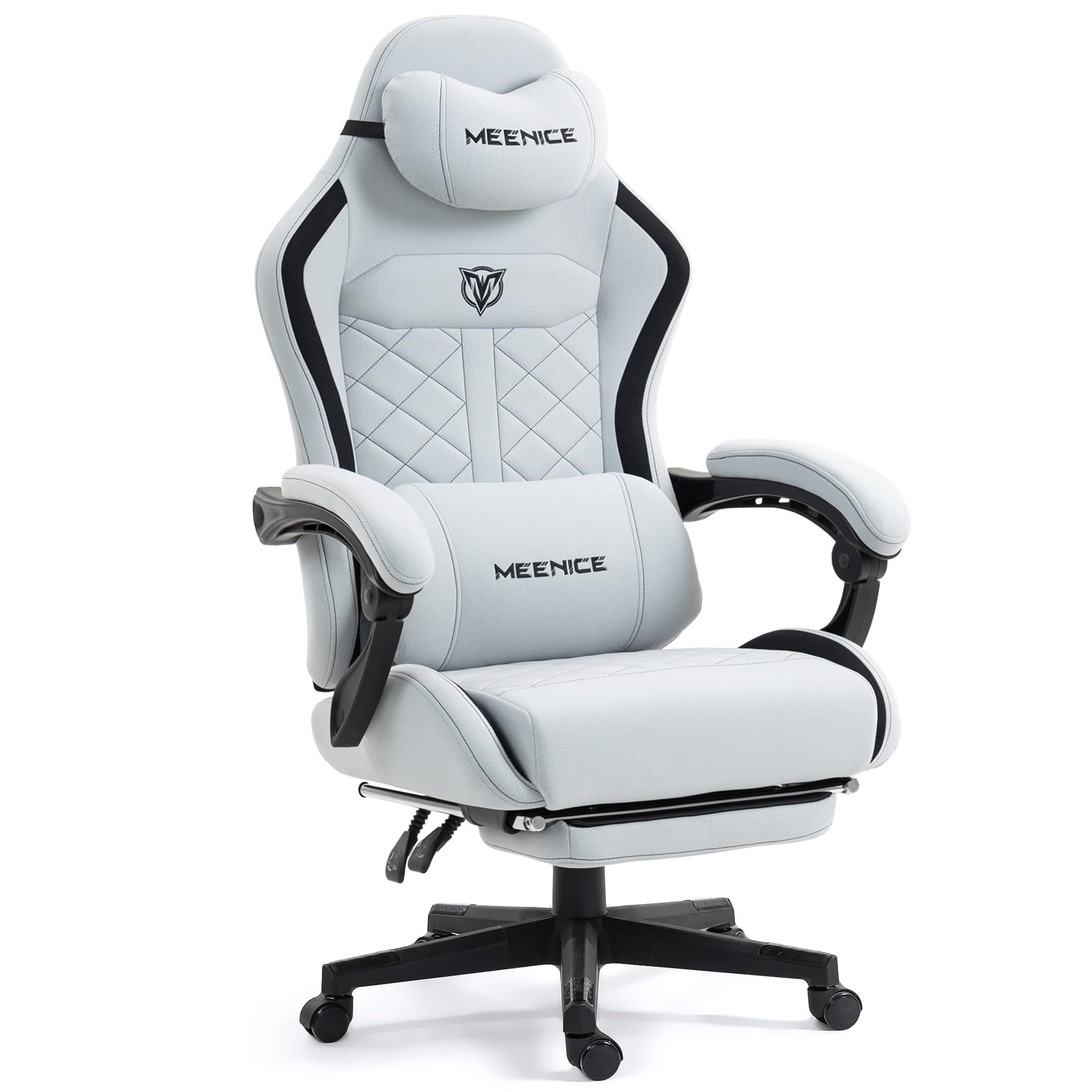 MEENICE Big and Tall Gaming Chair Fabric with Pocket Spring Cushion, High Back Heavy Duty Gaming Chairs for Adults with Massage Lumbar Support, Ergonomic Computer Chair with Footrest for 400LBS Gray