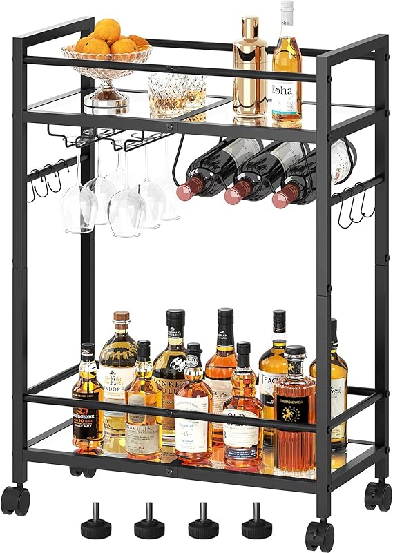 3-Tier Rolling Bar Cart with Wine Rack & Glass Holder