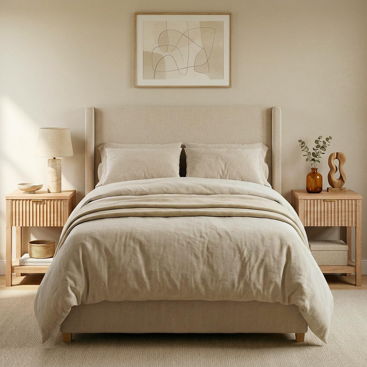 TROJM Fluted Nightstand Set of 2 with Drawer and Open Shelf,Oak
