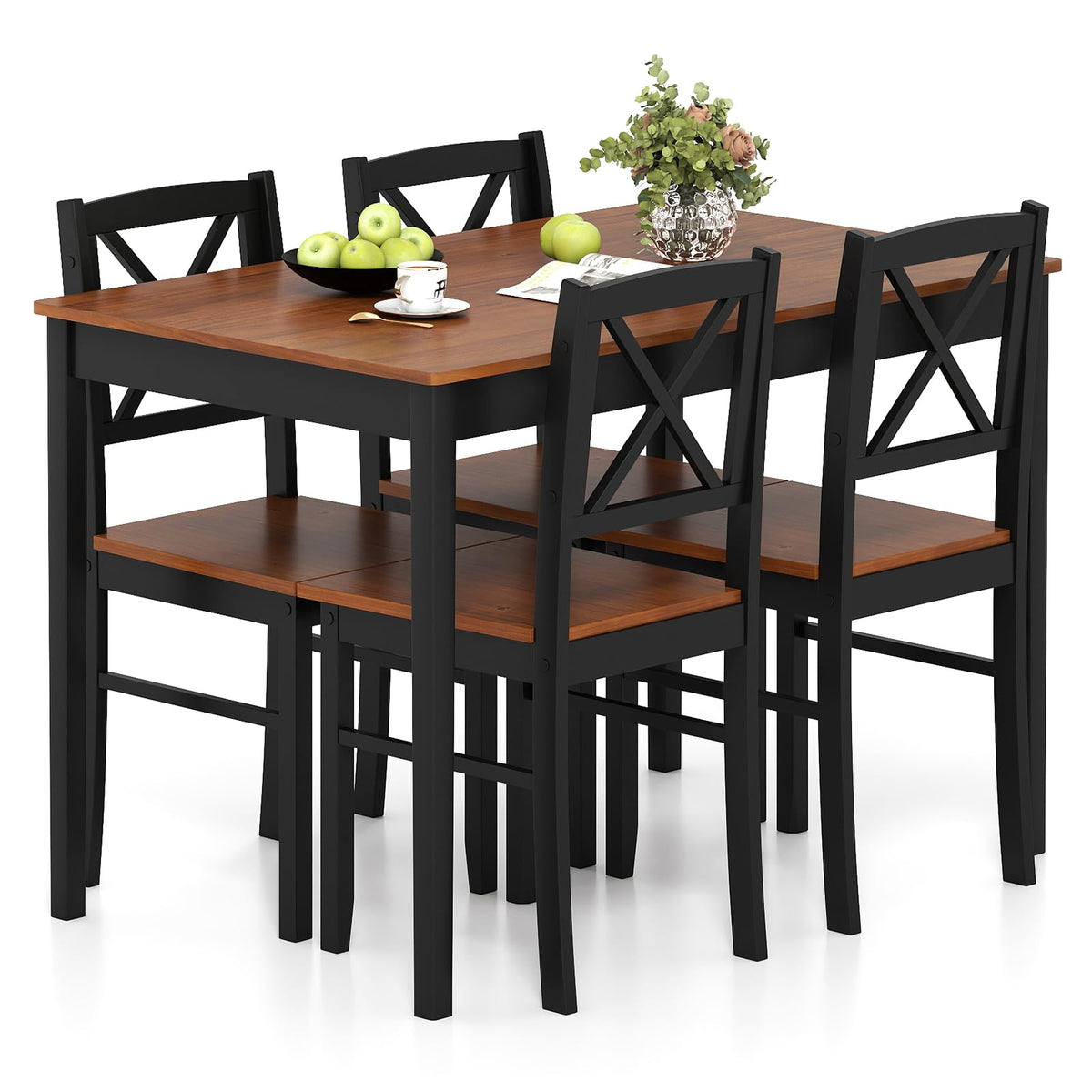 GIANTEX 5-Piece Dining Table Set for 4, Rectangular Kitchen Table & 4 Chairs with Rubber Wood Legs, Cross Backrest, Space-Saving Mid Century Modern Dinette Set for Dining Room, Breakfast Nook, Dinner