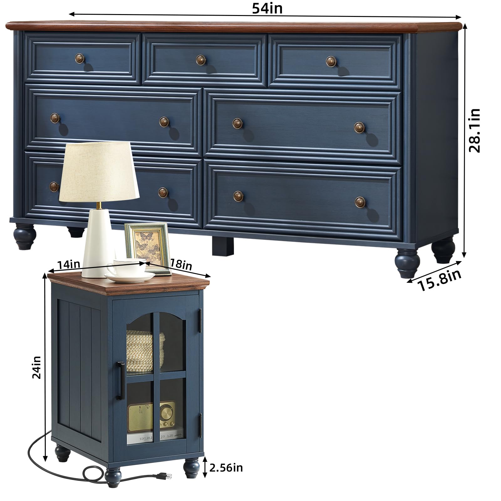 RWYHG Farmhouse Dressers and Nightstand Set of 2, Wood 54" Wide 7 Drawer Dresser 14'' Narrow Side Table with Charging Station, Roman Column Bedroom Furniture Dressers Sets for Home Living Room Hallway