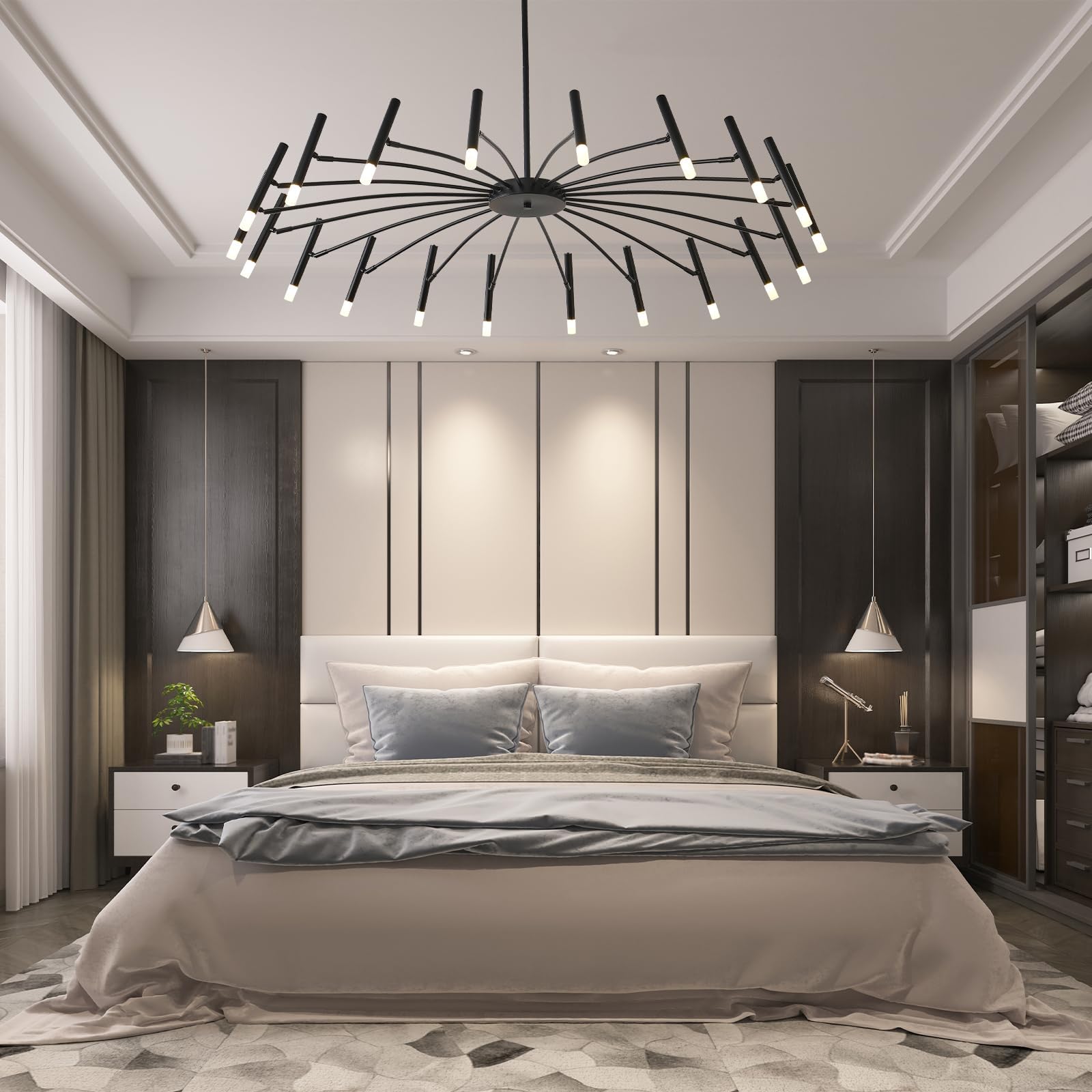 EGM 53 Inch Black Modern Chandelier, 20-Light Mid Century Sputnik Ceiling Light Fixture with G9 Bulbs, Large LED Chandeliers for Bedroom Dining Room, Round Pendant Light for Kitchen Island Foyer