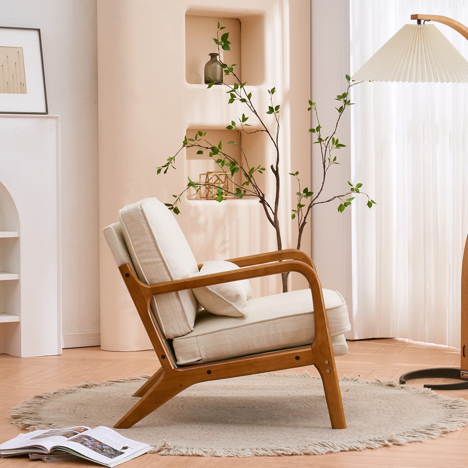 Mid-Century Accent Chair with Pillow, Solid Wood Frame – Beige