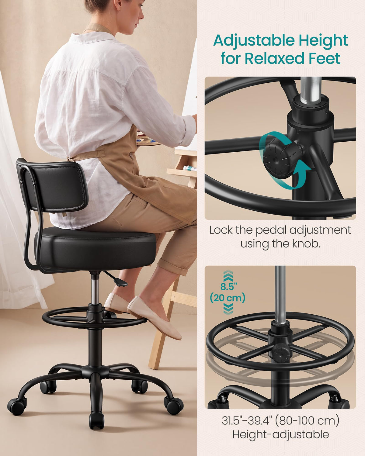 SONGMICS Drafting Chair with Backrest, Height Rolling Stool, PU Leather