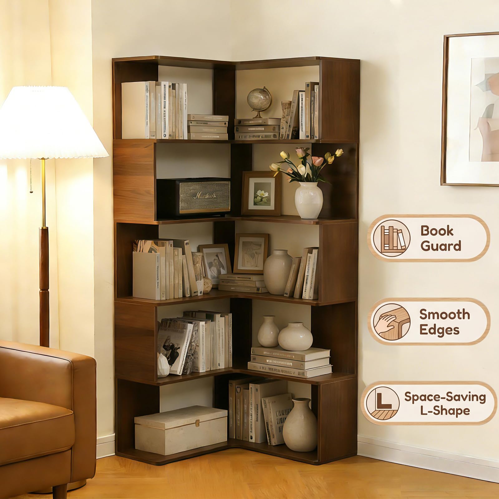 L-Shaped Corner Bookshelf, 6-Tier Open Storage