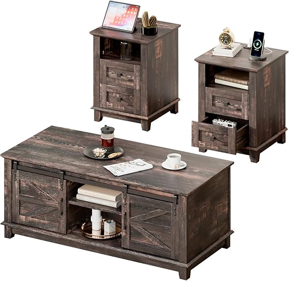 Farmhouse Coffee Table & End Tables Set of 3 with Charging Station