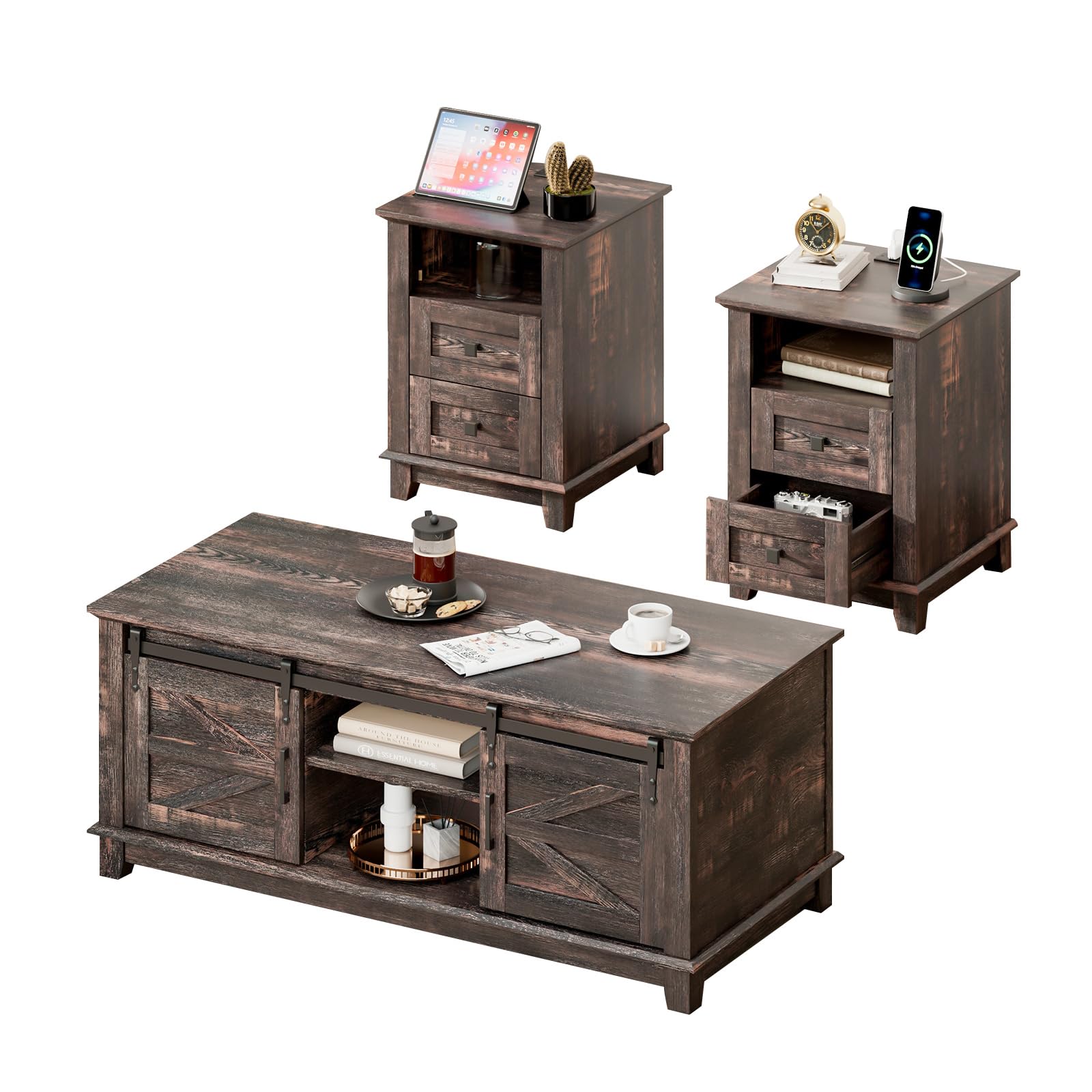 LUXOAK Farmhouse Table Set of 3, Coffee Table with Sliding Barn Doors, End Tables Set of 2 with Charging Station for Living Room & Bedroom, Sliding Barn Doors, 2 Tiers Storage Drawer, Dark Rustic Oak