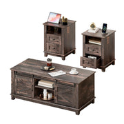 LUXOAK Farmhouse Table Set of 3, Coffee Table with Sliding Barn Doors, End Tables Set of 2 with Charging Station for Living Room & Bedroom, Sliding Barn Doors, 2 Tiers Storage Drawer, Dark Rustic Oak
