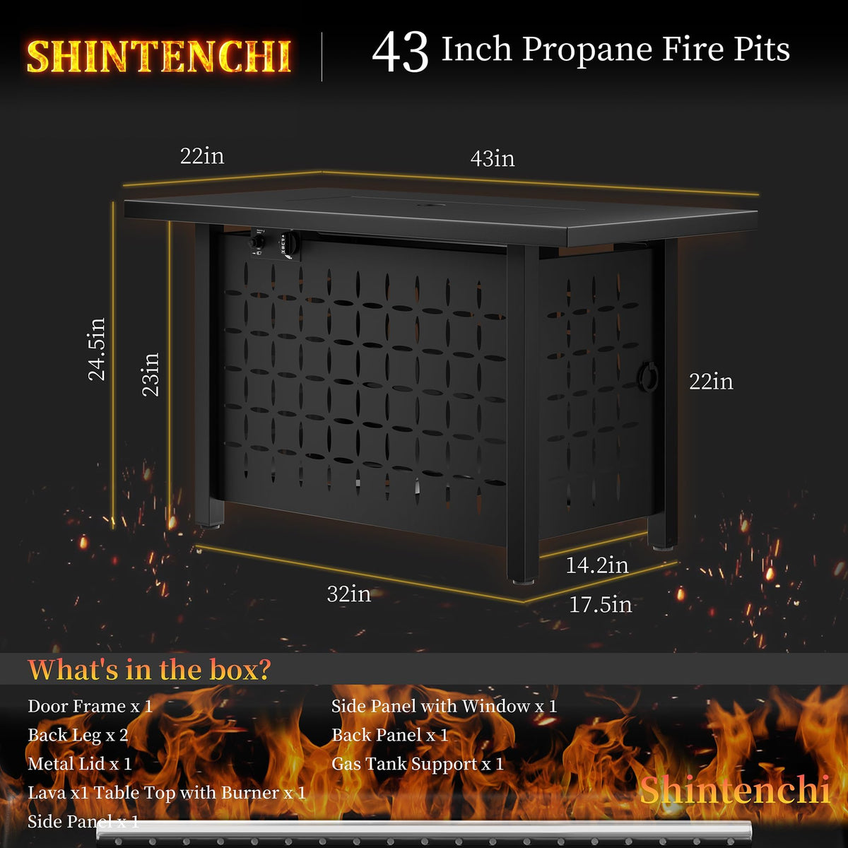 Shintenchi 42" Propane Fire Pit,60,000 BTU Gas Fire Pit Table,Black
