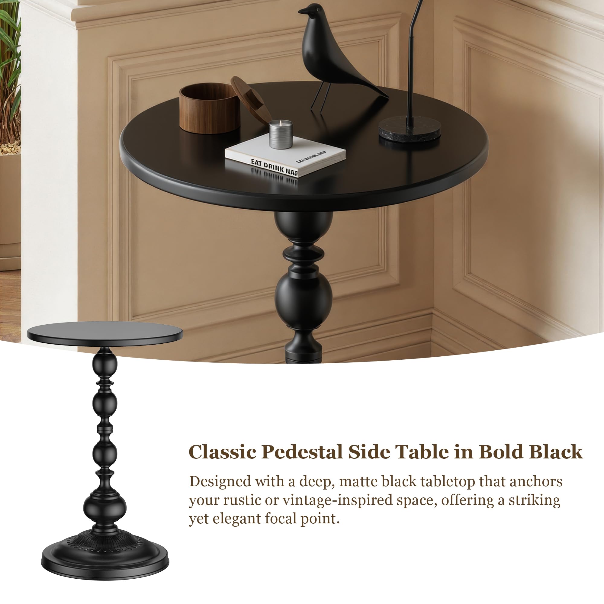 Round Metal Accent Side Table – Matte Black, 21" Height