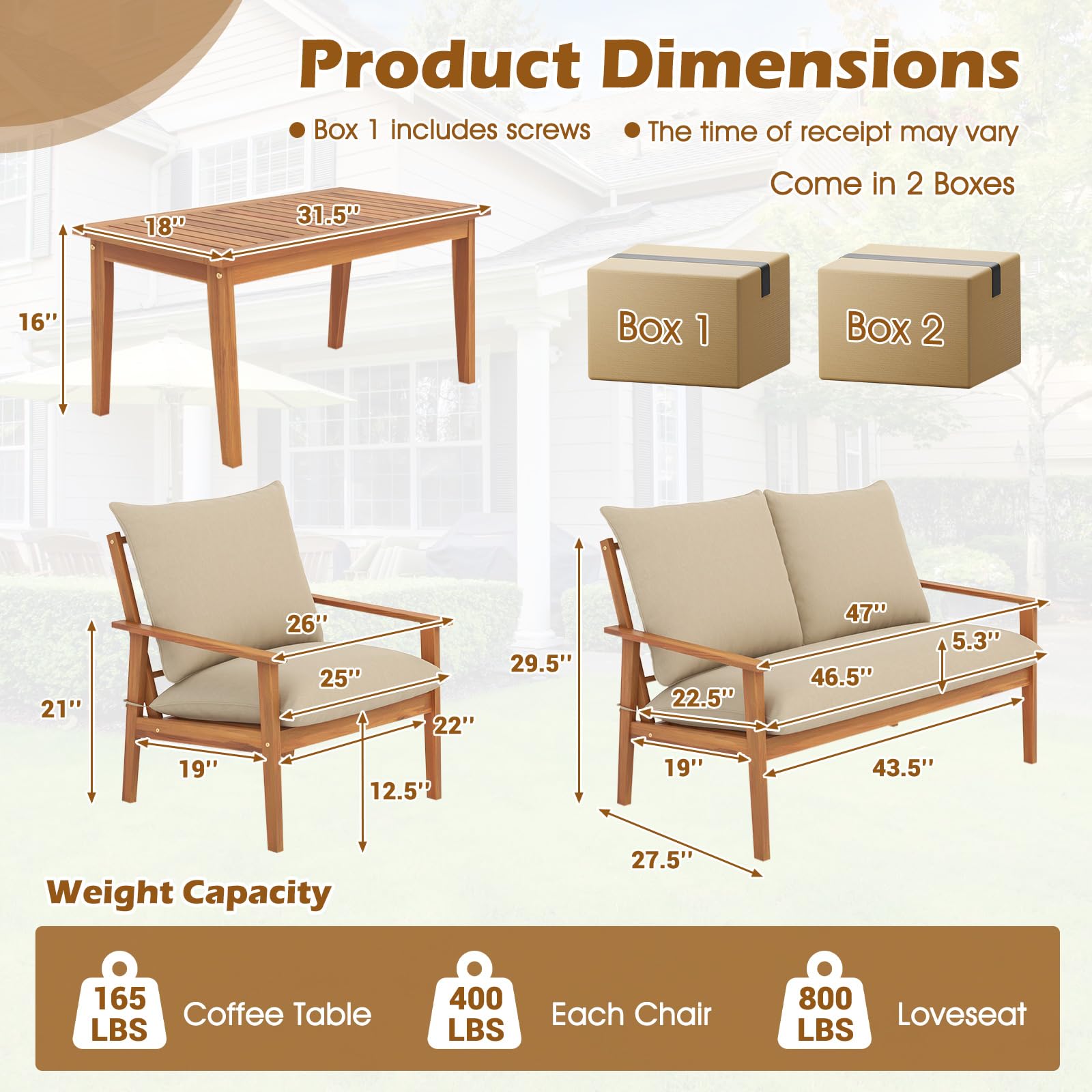 4-Piece Acacia Wood Patio Conversation Set with Cushions