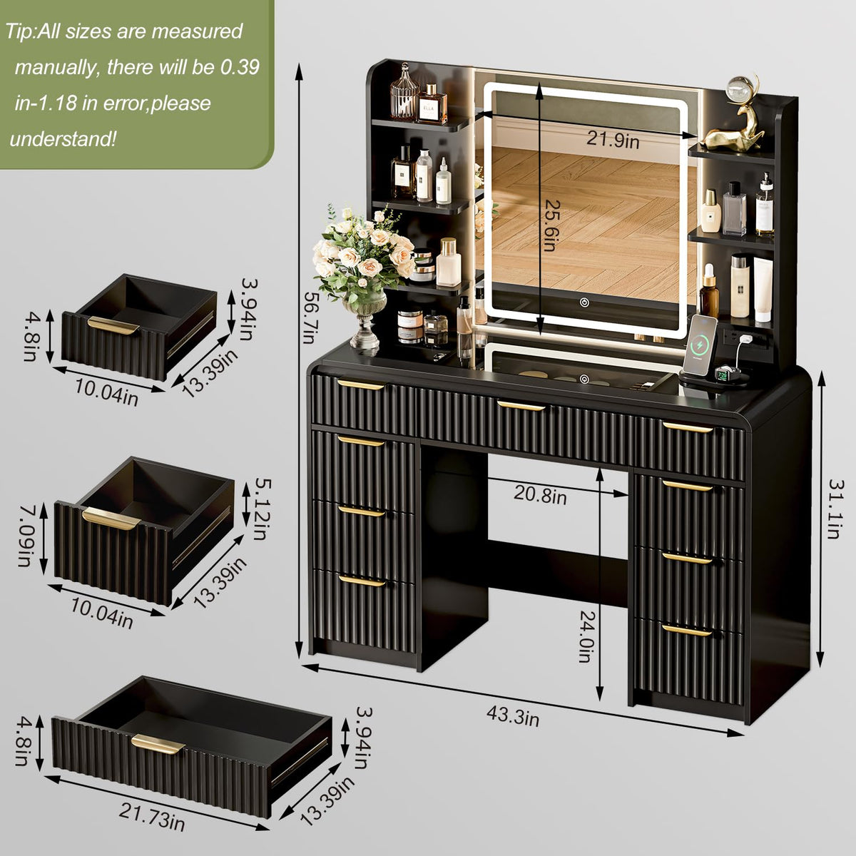 Black Fluted Makeup Vanity with LED Mirror