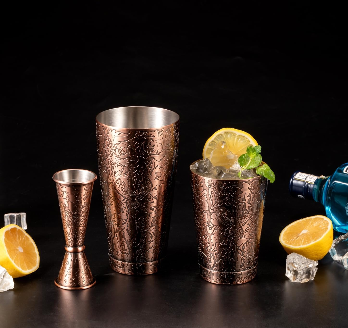 Sky Fish 3D Etched 18-Piece Bartender Kit Stainless Steel Boston Cocktail Shaker Set Copper Plated Bartending Tools Suit for Bar Tools Set Mixology Enthusiasts, Professional Bartenders and Home Drink