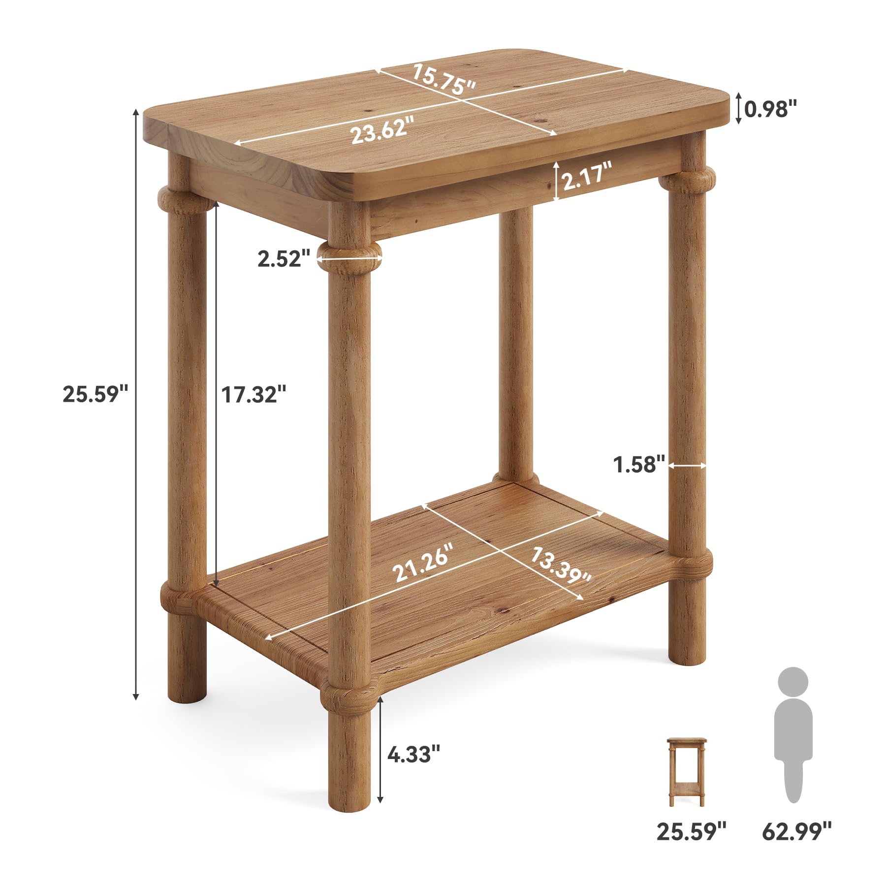 LITTLE TREE 2-Tier Side Table, Rectangular End Table with Storage Shelves & Round Tabletop Edges, Solid Wood Nightstand for Small Spaces, Living Room, Bedroom, Easy Assembly, Light Brown