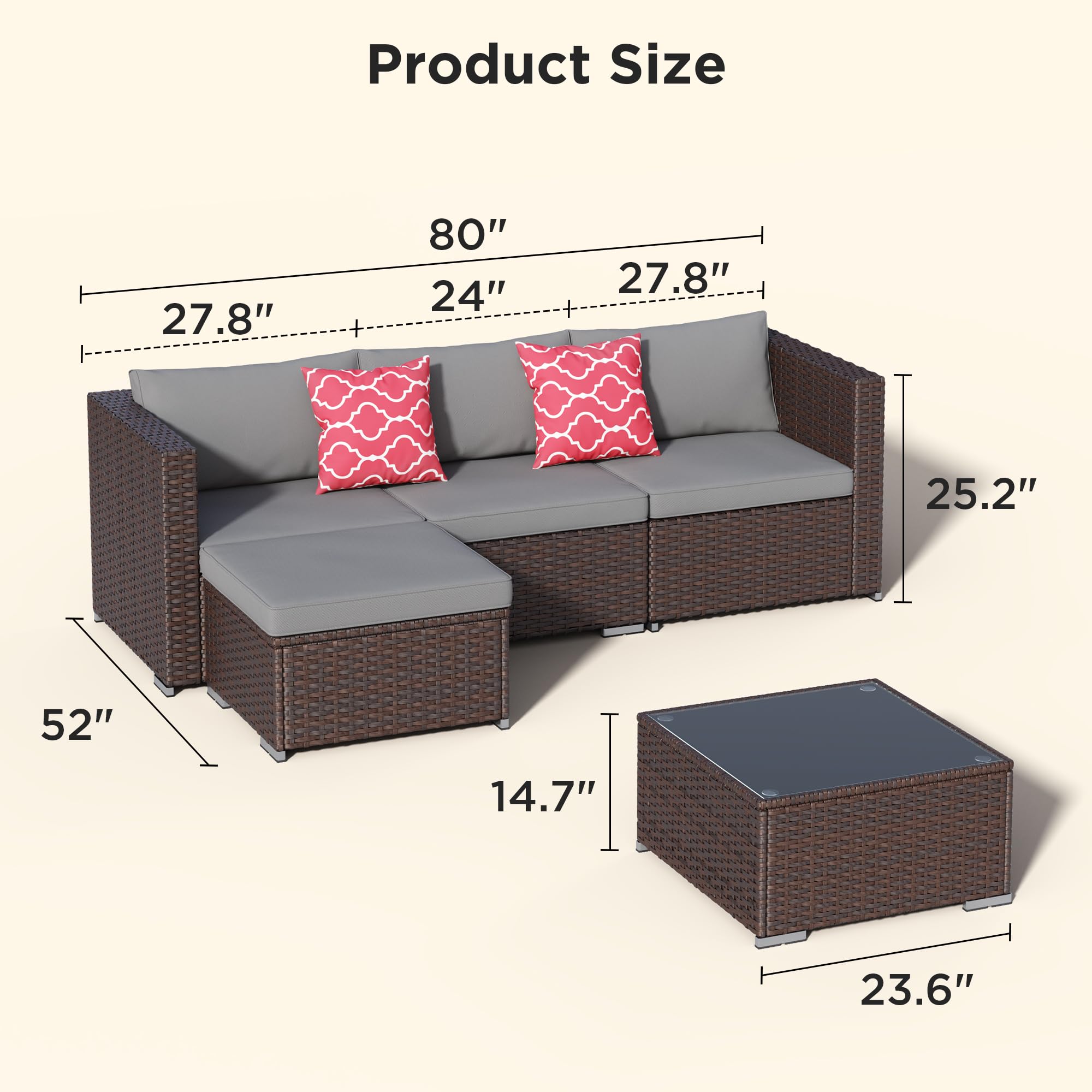 5-Piece Outdoor Wicker Sectional Set with Cushions & Glass Table