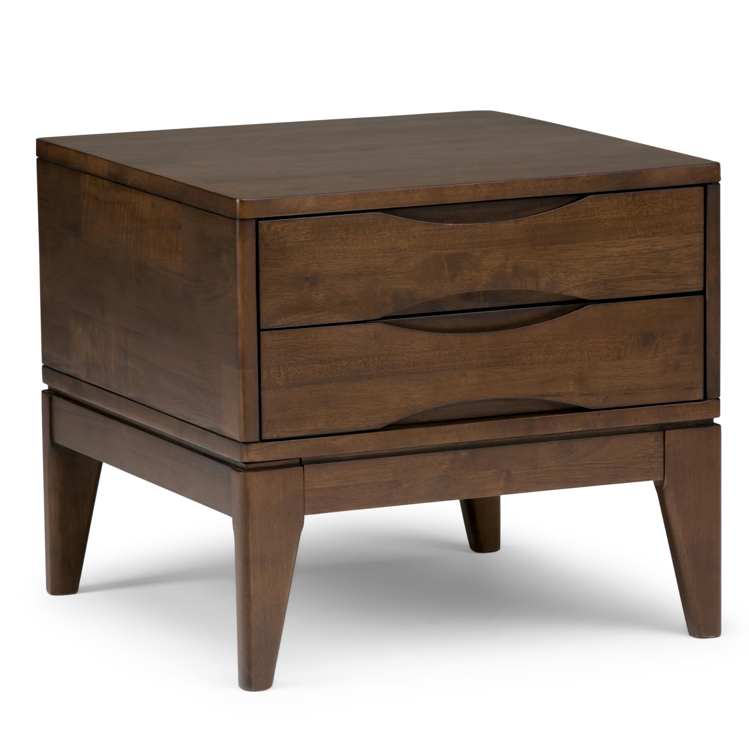 SIMPLIHOME Harper End Table - 22 inch Wide Solid Wood 2 Drawer Side Table in Walnut Brown, Mid Century Modern Accent Table for Living Room with Tapered Legs and Notched Handles