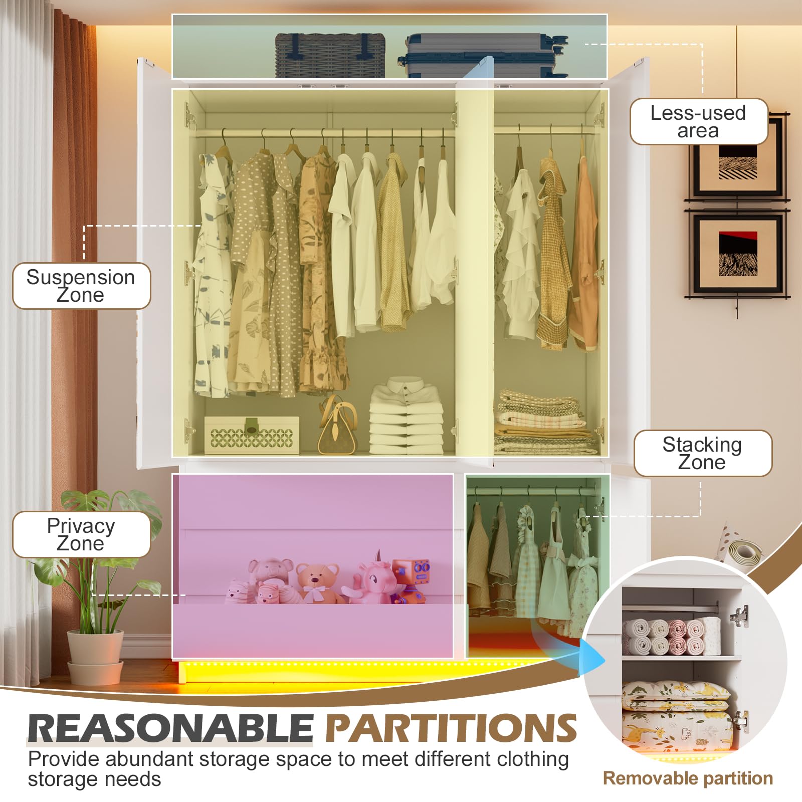 PAKASEPT 3 Doors Armoire Wardrobe Closet with Mirror & Lights, 72.83" H Wooden Bedroom Armoires with 3 Drawers, Hanging Rod & Shelves, Clothing Storage Cabinet for Bedroom