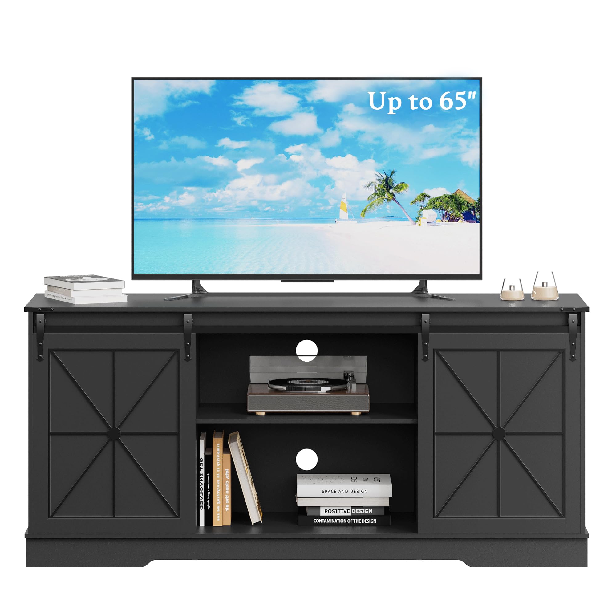 yesasin Farmhouse TV Stand for 55 60 65 Inch TV, Entertainment Center with Storage & Sliding Barn Doors, Easy Assembly, Modern Mid Century Media TV Console Table for Living Room, Bedroom Black