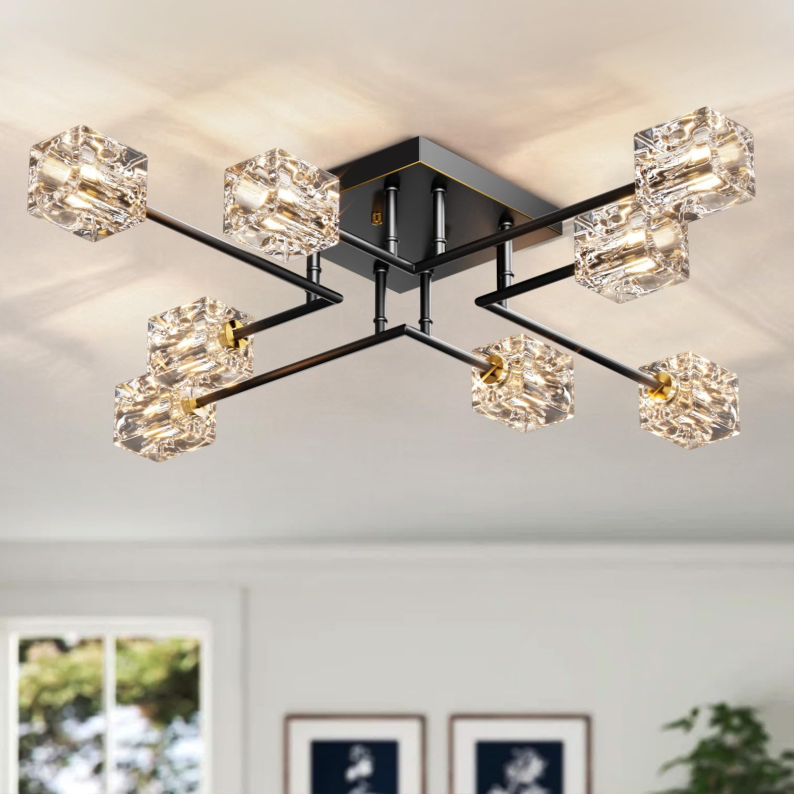 Modern Sputnik Crystal Semi Flush Mount Ceiling Light, 8-Light Black and Gold Crystal Ceiling Fixture for Dining Room, Living Room, Kitchen Island, Bedroom，Entryway