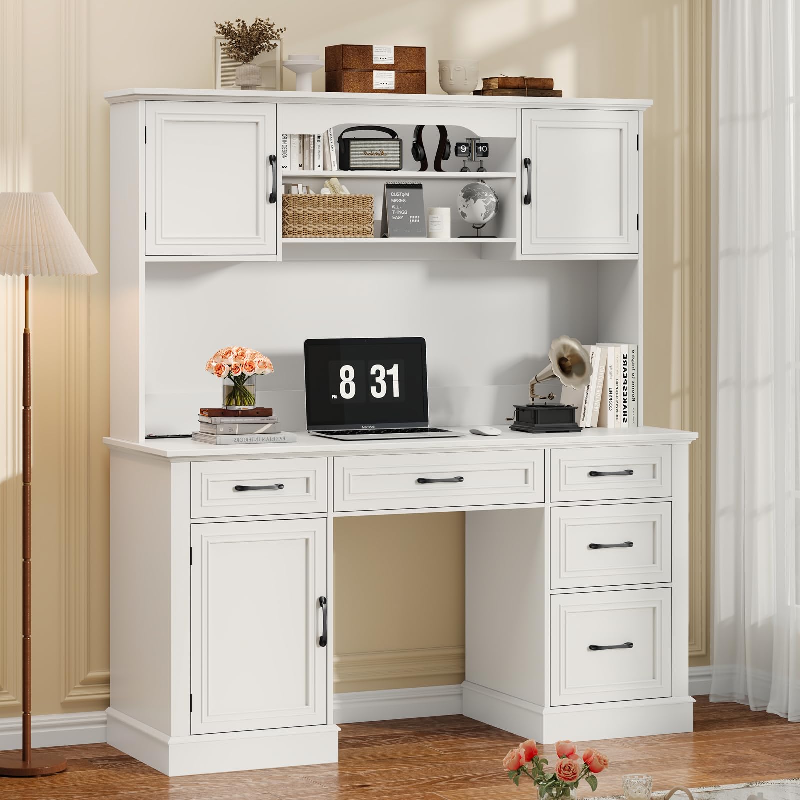 67" H Farmhouse Executive Desk with Hutch.Wood Workstation with 5 Drawers,Storage Cabinet,File Drawers and Charging Station, Ideal as Office Desk,Computer Desk for Home Office, Study. Cream White