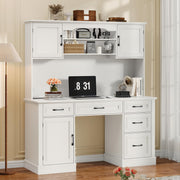 67" H Farmhouse Executive Desk with Hutch.Wood Workstation with 5 Drawers,Storage Cabinet,File Drawers and Charging Station, Ideal as Office Desk,Computer Desk for Home Office, Study. Cream White