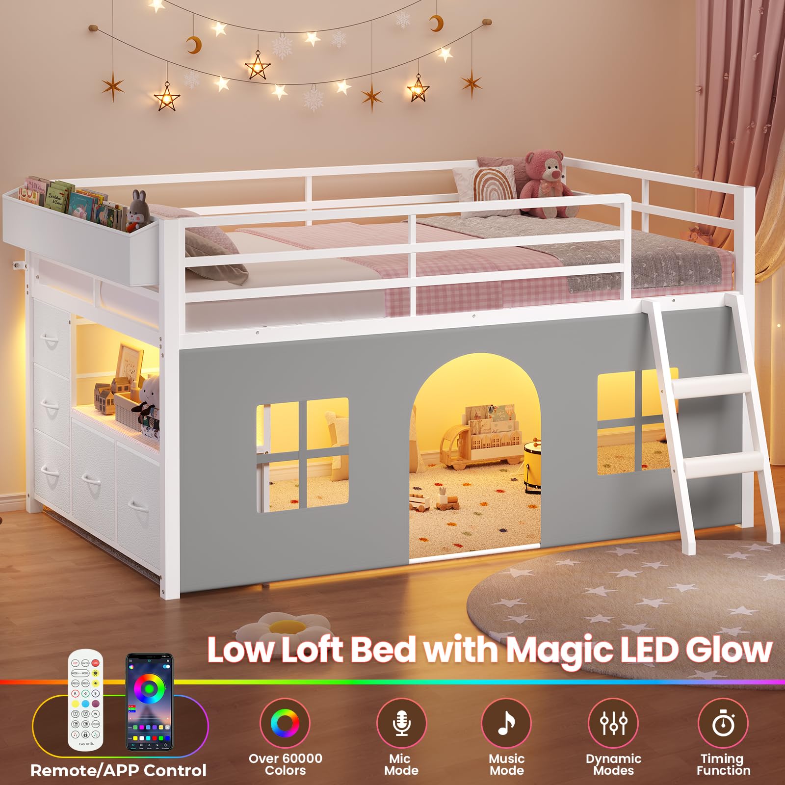 ADORNEVE Low Loft Bed Twin Size with Tent, 5 Storage Drawers, LED Lights, Metal Kids Loft Bed with Bookcase & Under-Bed Play Space,Twin Loft Beds with 13.8''H Safety Guardrail,Inclined Ladder, White