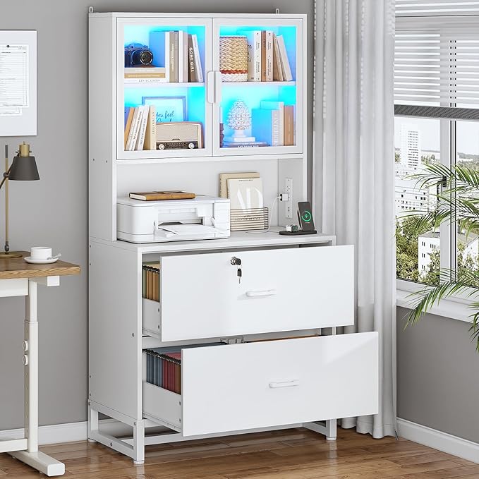 2-Drawer File Cabinet with Lock, Charging Station & Bookshelf