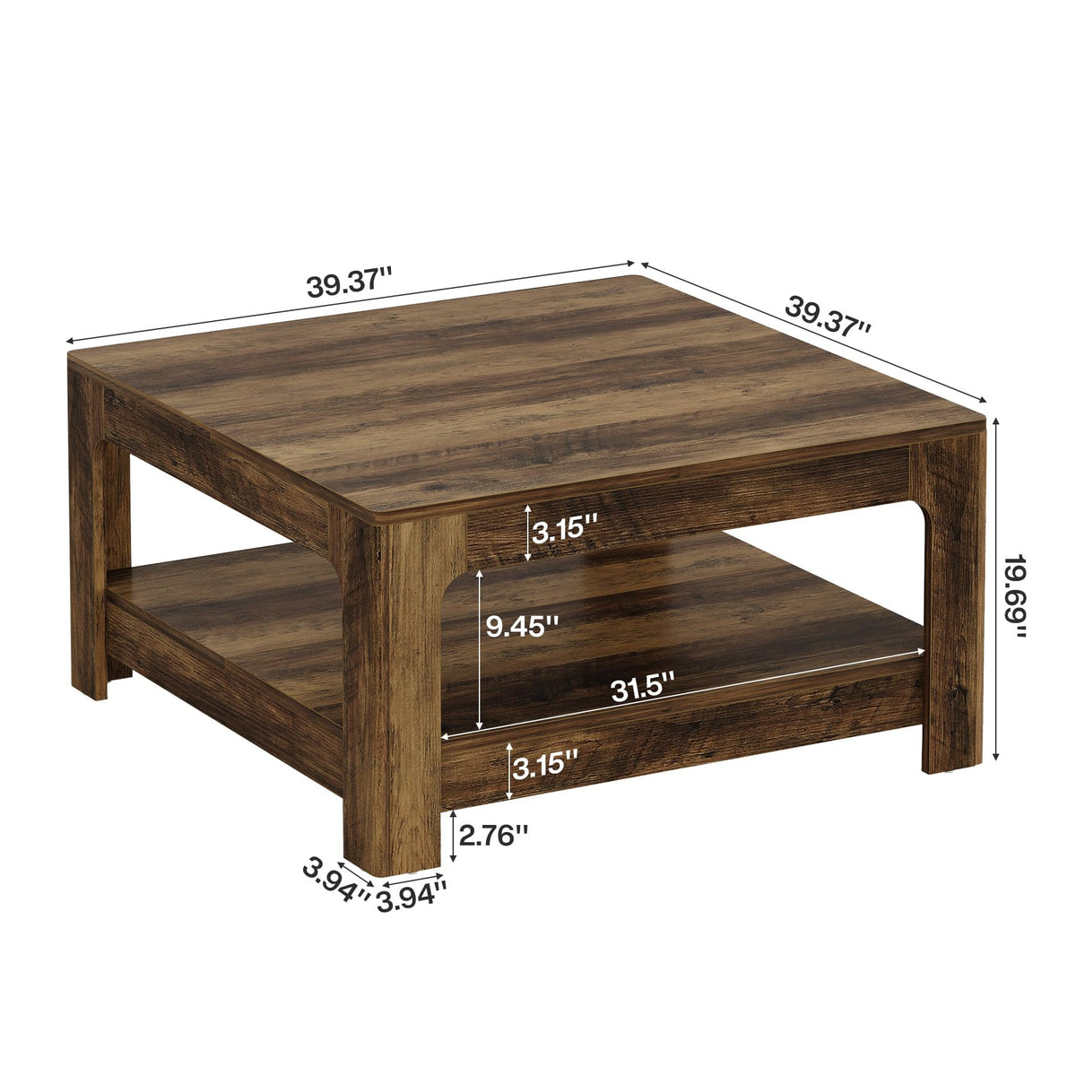 Tribesigns Square Coffee Table with Storage, 39.4-Inch Large Farmhouse Wooden Center Tea Accent Table for Living Room, Rustic Brown
